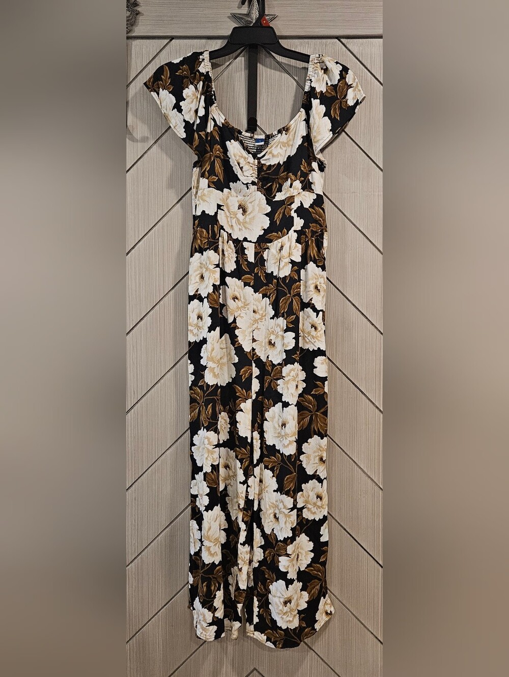Old Navy Black Floral Jumpsuit with Cream and Brown Blooms